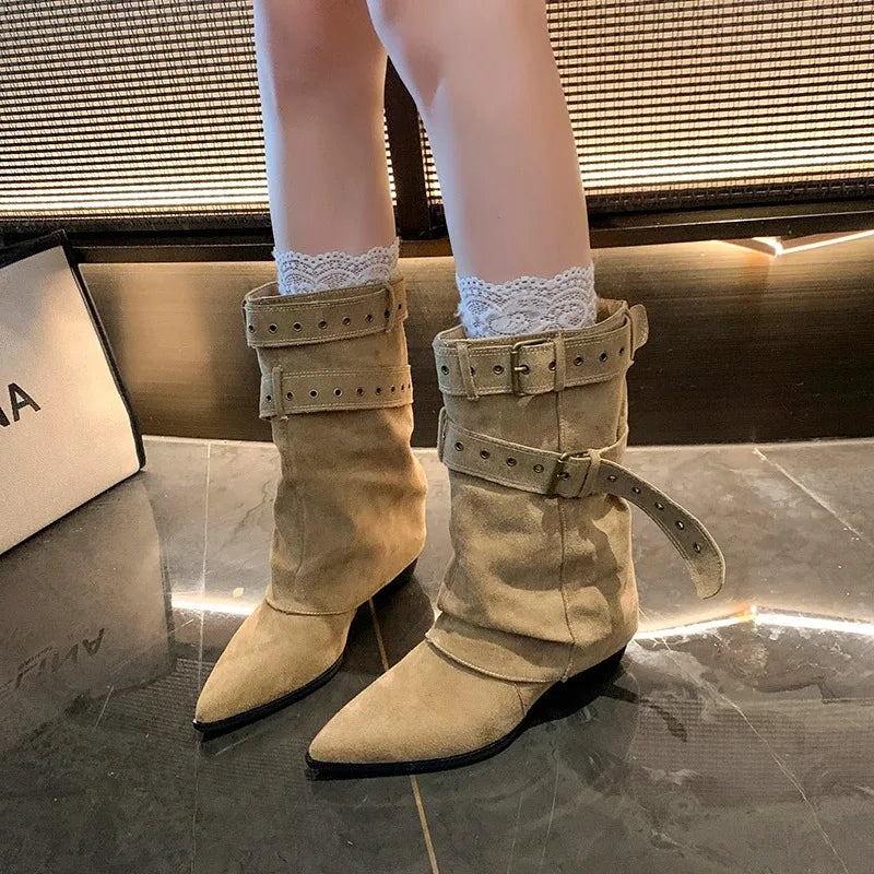 2025 Pointed Toe Women's Winter Boots Designer Mid Heels Elegant Shoes Pumps Fashion Boots New Trend Dress Gothic Ladies Boots