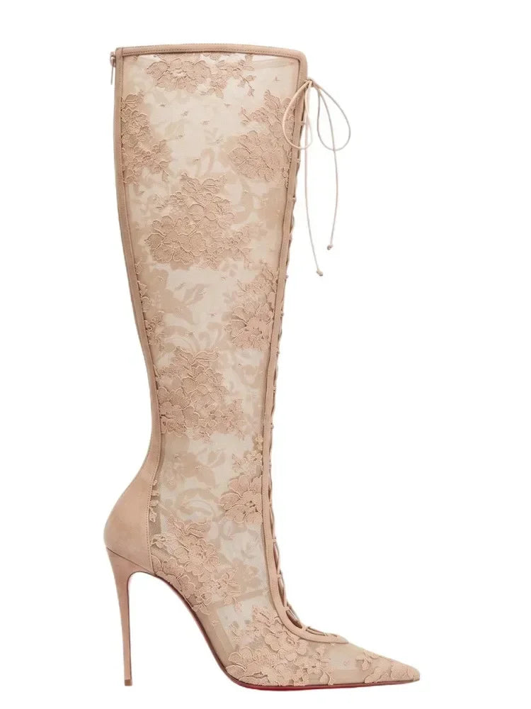 2026Spring and Summer Pointed Black Mesh Fine High Heels Knee Length Cool Boots Embroidered Lace Up Party Wedding Women's Boots