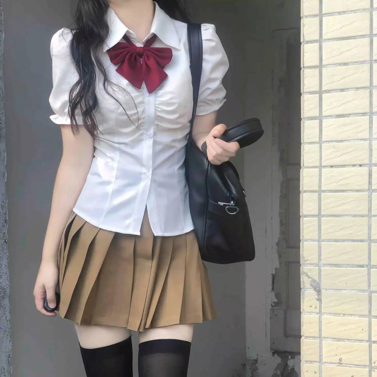 Summer Girls College Style Uniform Suit White Puff-Sleeve Shirt with Bow Slim Waist Skirt Set Women's Short-Sleeve Top And Skirt
