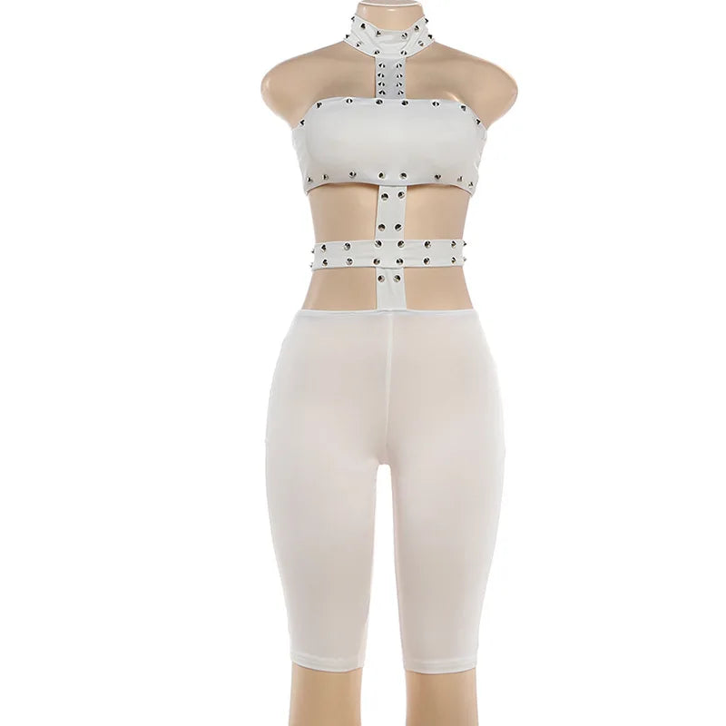 Sexy Halter Neck Cutout Bodycon Jumpsuit Women 2026 Summer Solid Studded Hollow Out Biker Short Romper Party Clubwear Outfits