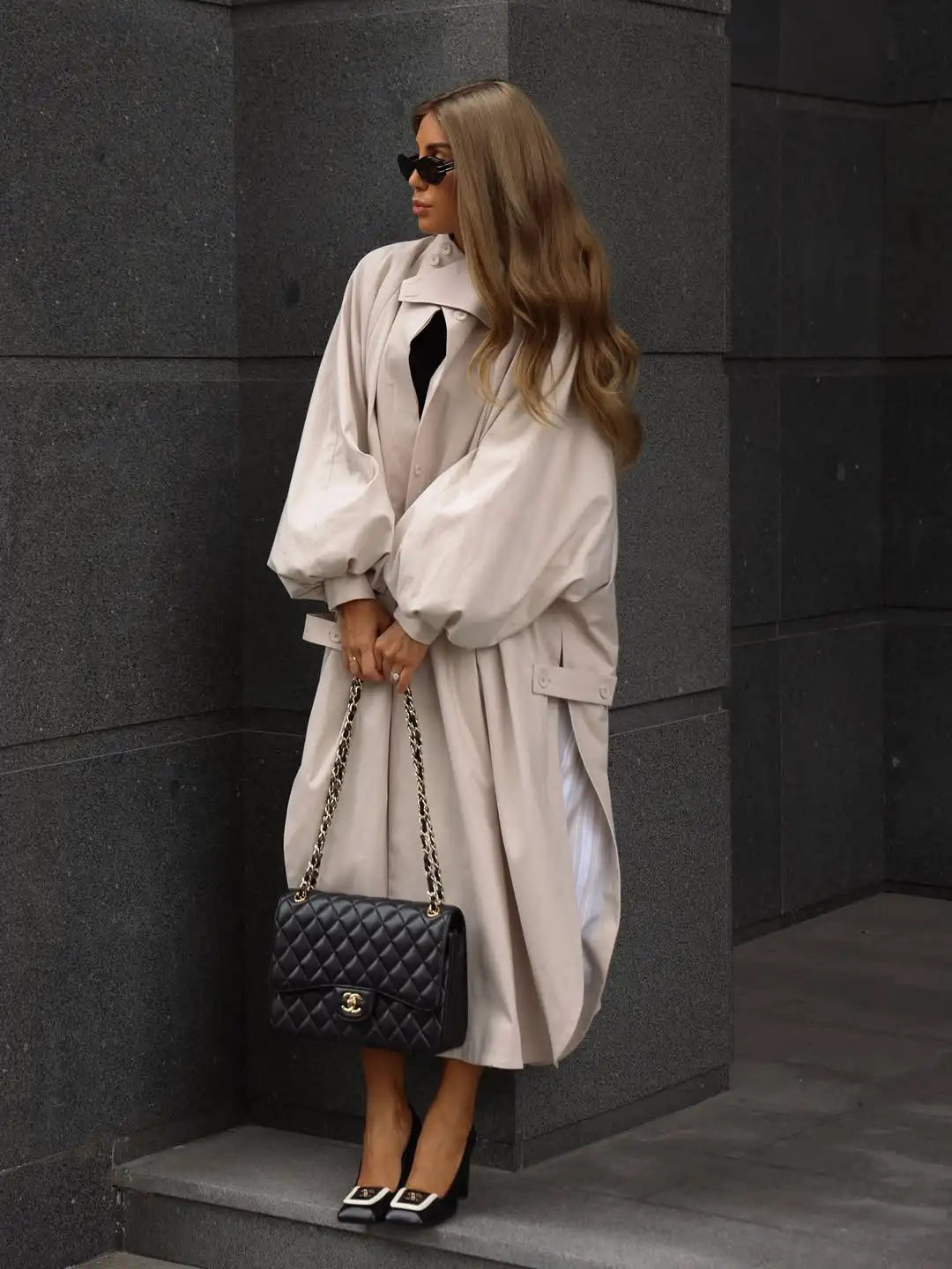 Women's Brown Stand Up Collar Long Long Trench Coat Lantern Sleeve Side Slit Loose Windbreaker 2026 Spring Autumn Fashion Coat