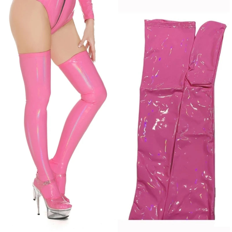 Faux Leather Thigh High Sexy Stockings Wetlook Oil Shiny PVC Leather Party Stockings For Women Cosplay Clubwear Sexy Hosiery