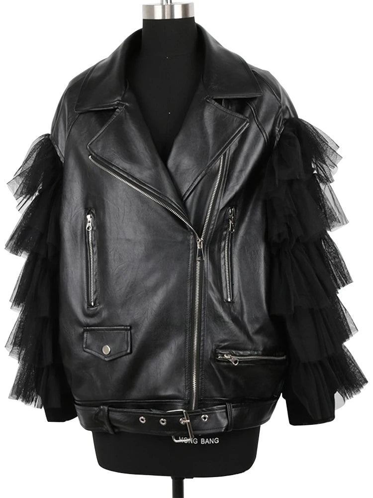 Nerazzurri Spring Autumn Loose Black Faux Leather Jacket Women with Lace Long Sleeves Zipper Belt Luxury Elegant Fashion 2022