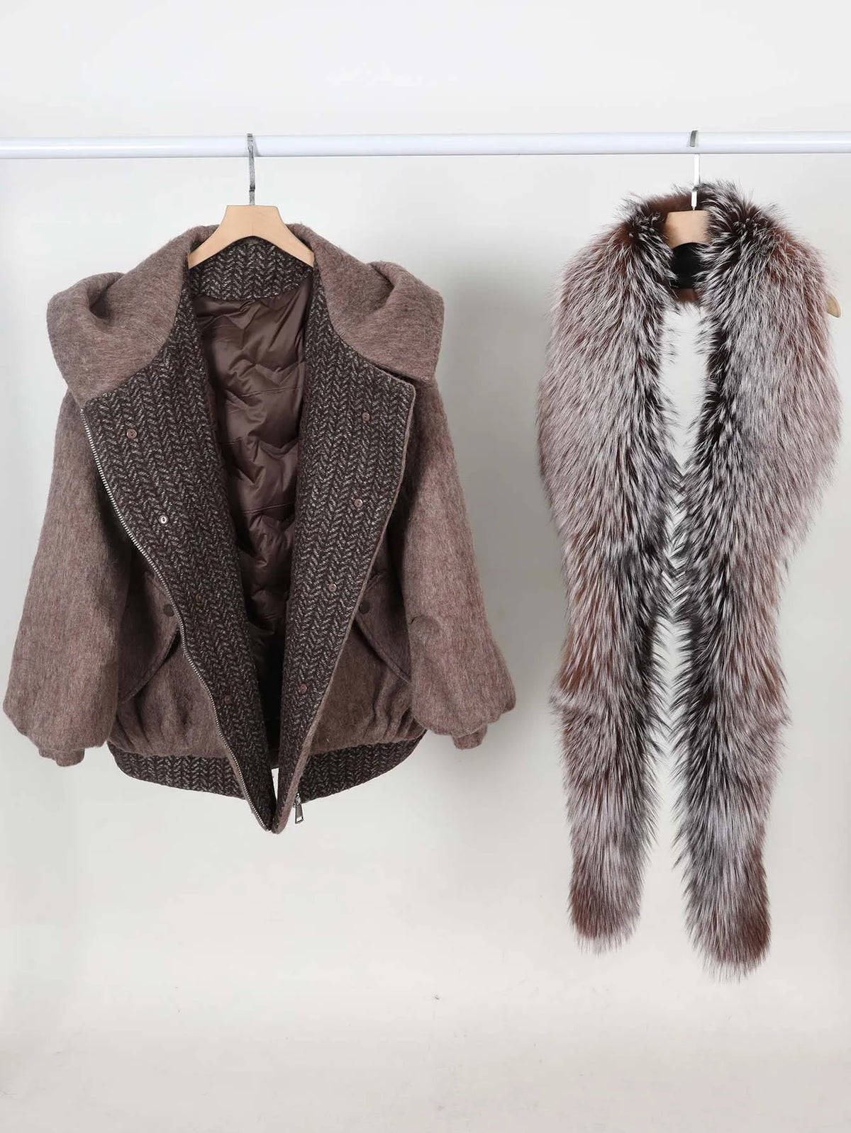 Maomaokong high-end Wool fabric Luxury Women's Big Fox Fur Collar Puffer Jacket Natural Fur down Coat Winter Thickened Warm