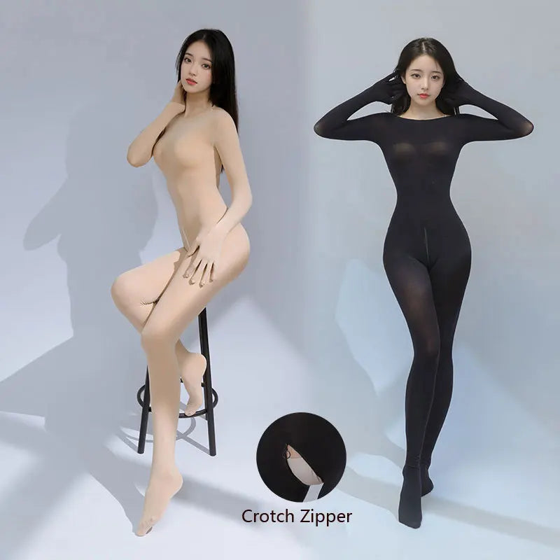 Sexy 120D Crotch Zipper Jumpsuit High Elastic Shaping Women's Bodysuit Shaping Tights Five Finger Gloves Unitard Woman Leotard