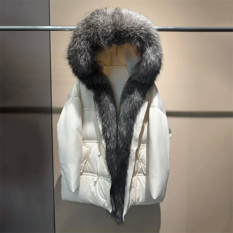 Winter New Arrival Women's Long down Jacket withLargeFox Fur Collar Fashionable Waist-Cinching Drawstring Loose Goose down Coat