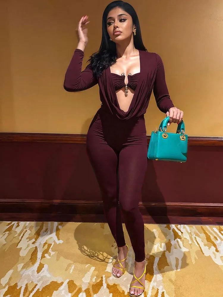 Sisterlinda Swinging Neck Slim Jumpsuits Sexy Hot Solid Cleavage Full Sleeve Elastic Overalls+Inside Chest Tanks Mujer Clubwear