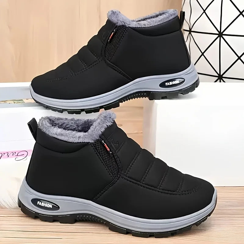 Women's super warm winter boots with anti slip thick soles, low heels, round toe section, solid color outdoor hiking
