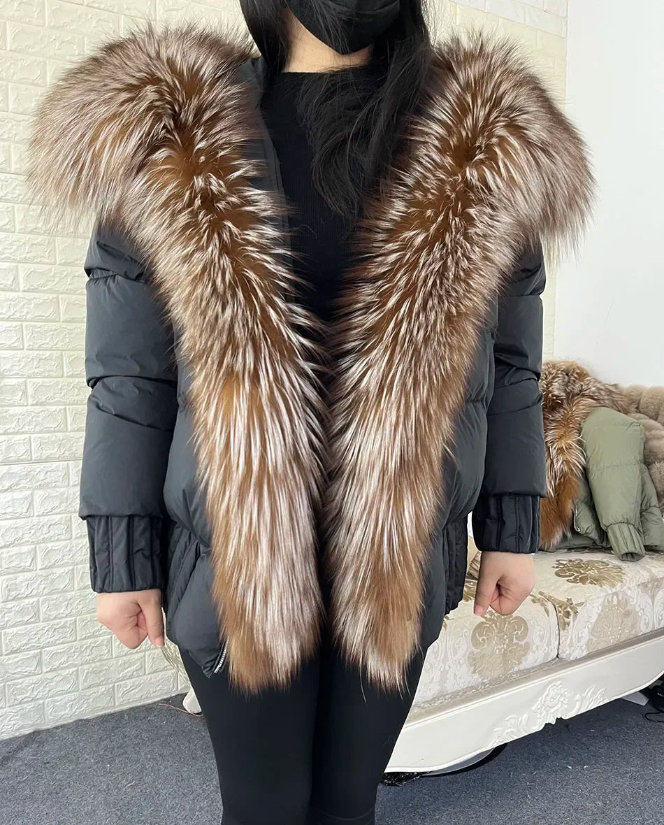 MMK 2023 Winter Women Warm White Duck Down Jacket Natural Real Fox Fur Collar Hood Puffer Coat Thick Luxury Outerwear