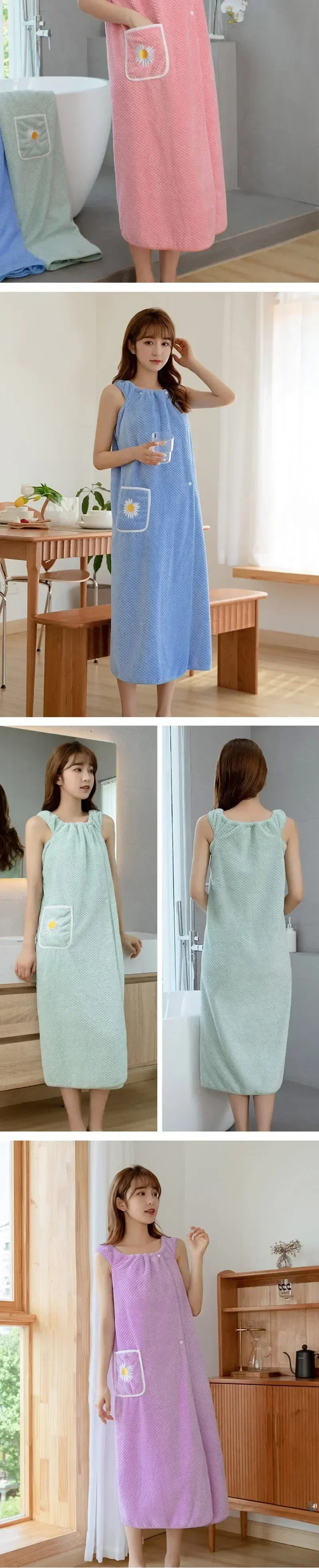Women Wearable Bath Wrap Towel Absorbent Polyester Long Washable Bathroom Bathrobe