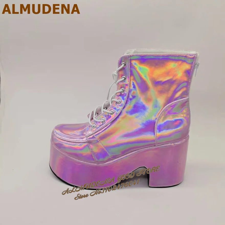 Hologram Purple Shiny Platform Ankle Boots Gothic Punk Lace Up Super Chunky Heel Short Booties Nightclub Dancing Shoes