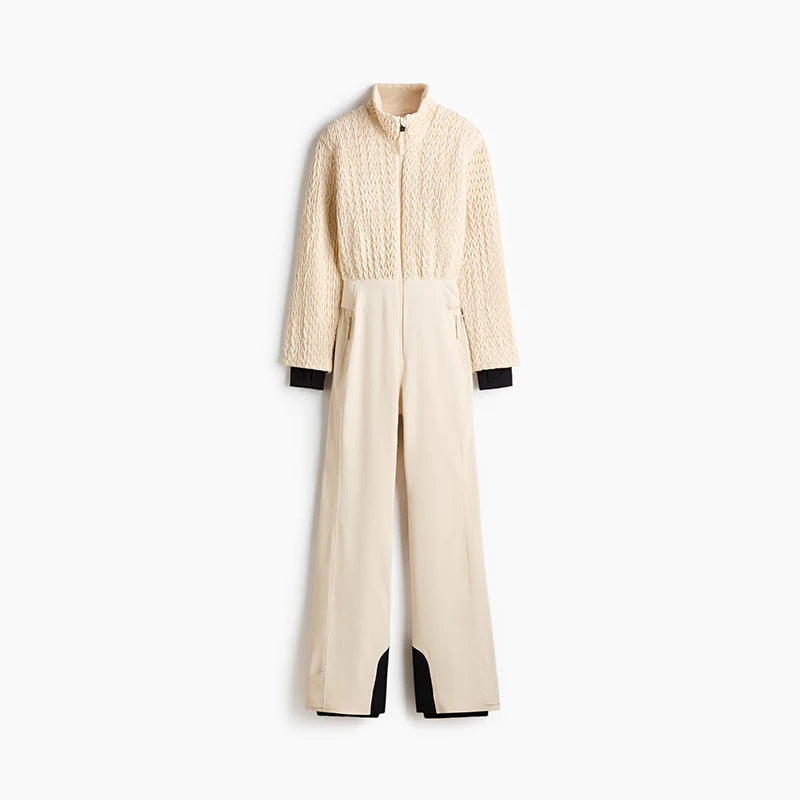 Fashion Women's Ski Jumpsuit High Neck Full Sleeve Knit Patchwork Straight Warm Thick Female Jumpsuits 2026 Winter Lady Skiwear