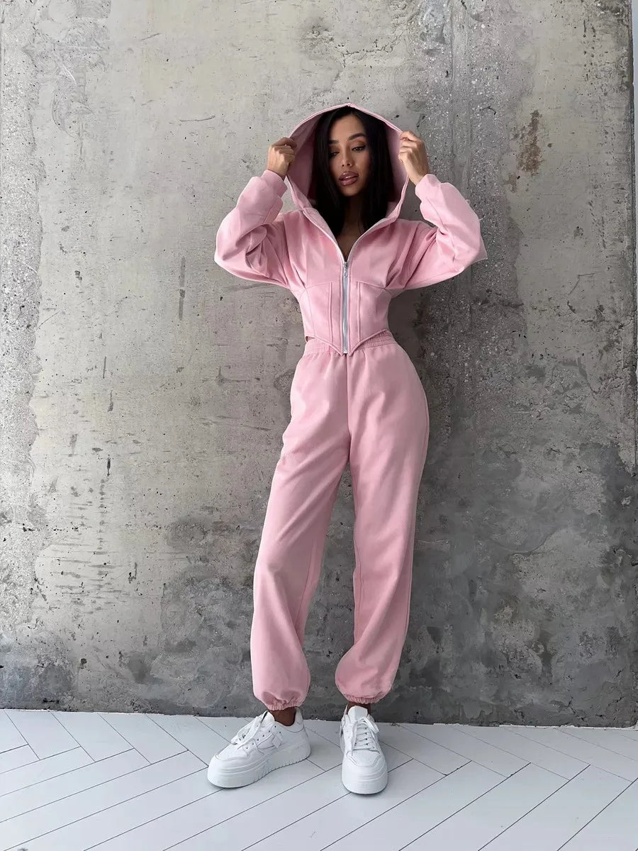 European and American Style Hooded Waist-Cinching Women's Set 2025 New Ins Trendy Brand Slimming Sporty Casual Women's Clothing