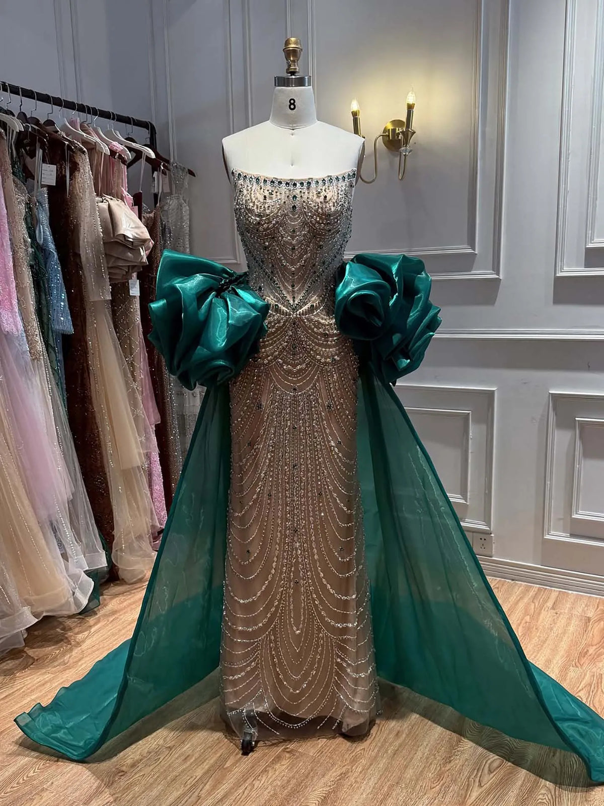 Serene Hill Luxury Red Crystal Beaded Mermaid Evening Dress with Detachable Puffy Sleeves and Satin Cape LA72903A Customized