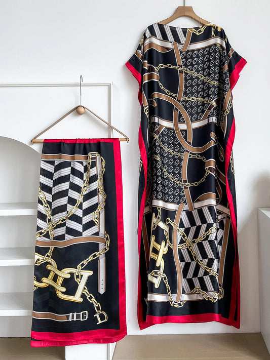 Popular Chain Print Boat Neck Modest Dress Elegant Batwing Sleeve Loose Maxi Dress With Hijab African Women's Clothing
