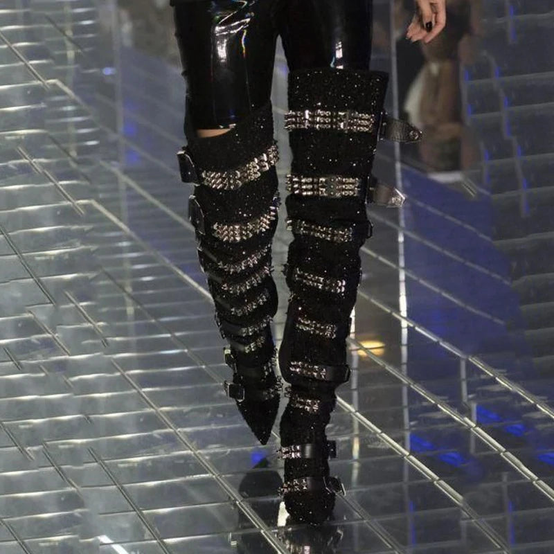 Luxury Crystal Thigh High Boots Women Belt Buckle Design Rhinestones Over The Knee Boots Sexy Pointed Toe Bling Shoes
