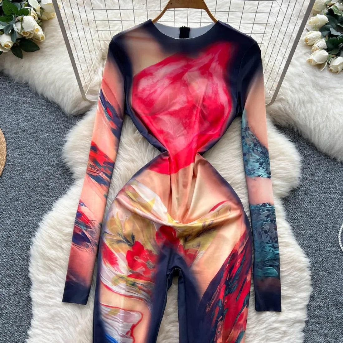 Foamlina 2025 Autumn New Fashion Print Bodysuit European Women's Sexy Hot Girl Slim Fit Flattering Long Sleeve Tight Jumpsuit