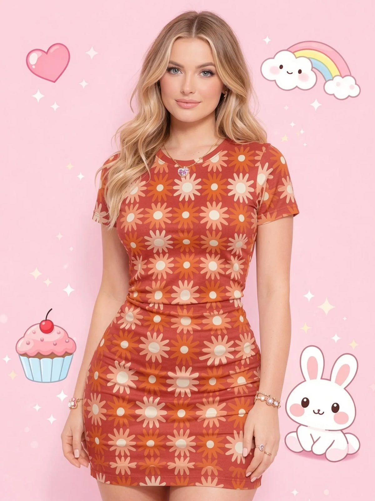 Womens Short Sleeve Bodycon Mini Dress Slim Fit Crew Neck Floral Print Casual Summer Party Lightweight Stretch Vacation Sundress