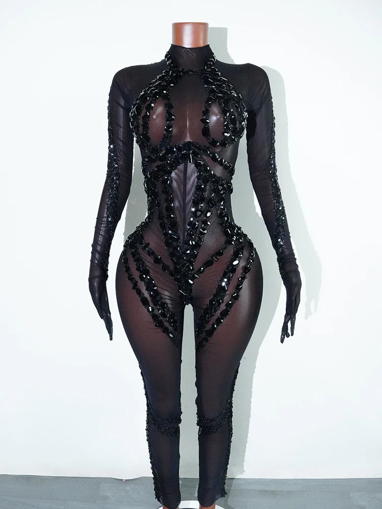 Sexy See-through Glitter Red Crystal Fringe Bodysuit High Elasticity Drag Queen Costume Festivals Outfit NightClub Dance Outfits