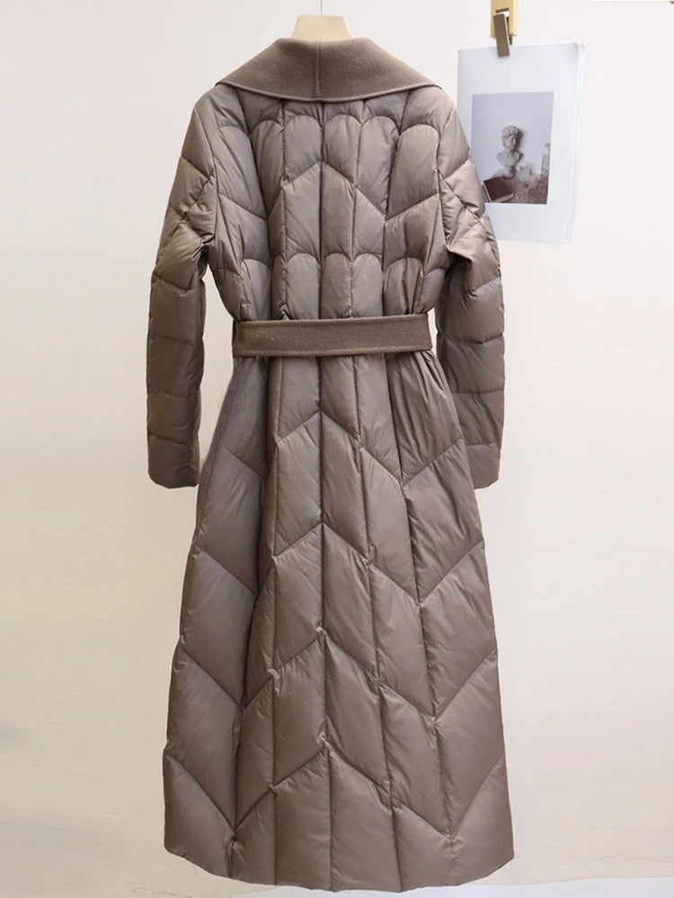 White Duck Down Coat Wool Patchwork 2025 Down Jacket for Women Autumn Winter New Fashion Style Long Puffer Jacket Lady Feather