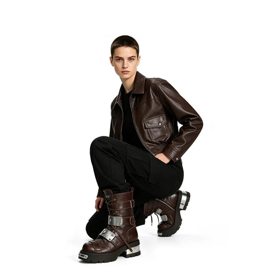 Fashion Leather Motorcycle Boots Black Metal Buckle Mid-Calf Combat Boots Men Platform Chunky Heel Punk Rock Goth Shoes