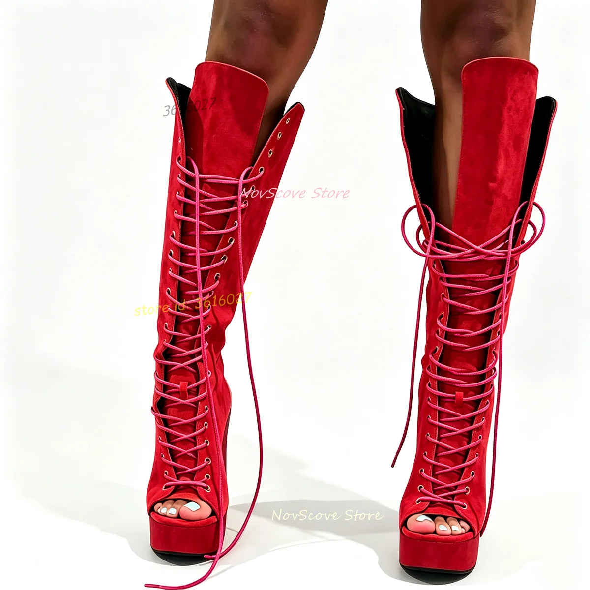 Peep Toe Purple Suede Wedges Knee High Booties Lace Up Faux Wool Pattern Platform Autumn Sexy Women Long Booties Solid Color