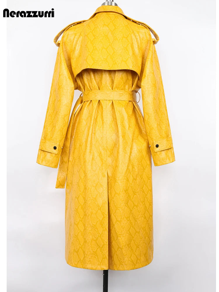 Nerazzurri Spring Autumn Long Oversized Colorful Snakeskin Print Patent Leather Trench Coat for Women Belt Runway Fashion 2022