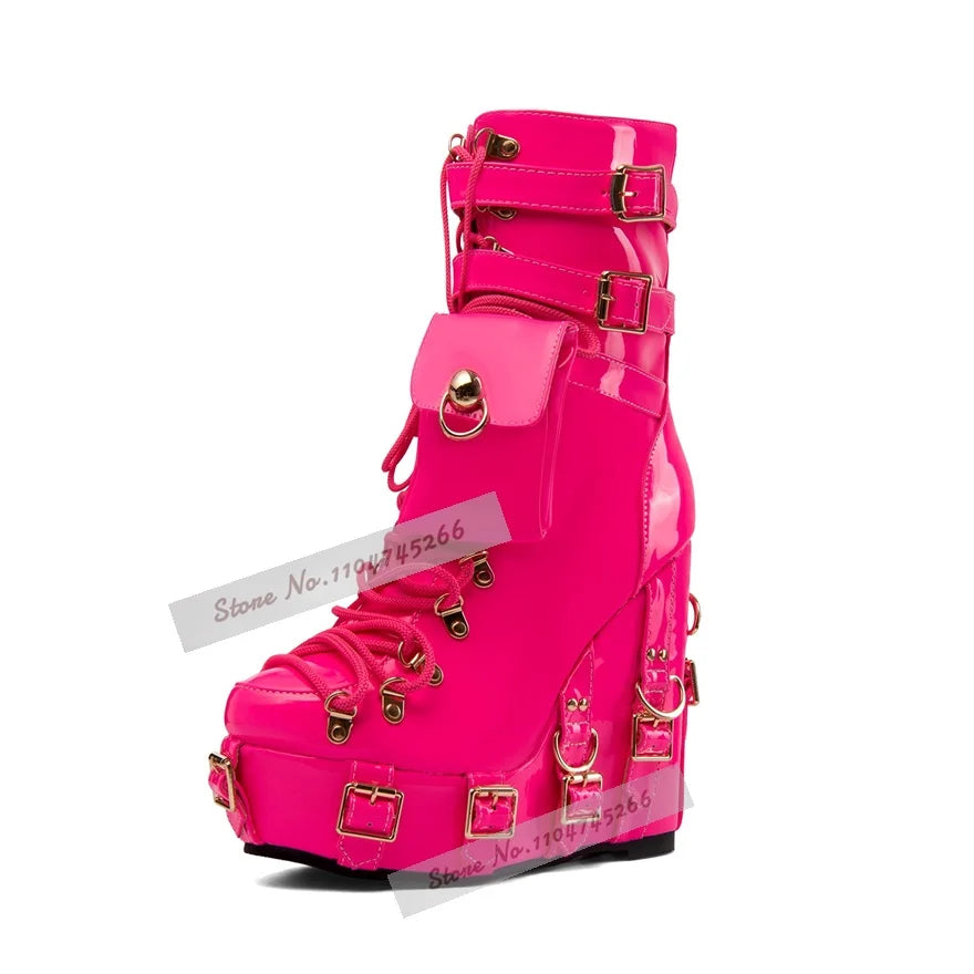 Fuchsia Patent Leather Wedged Lace-Up Ankle Boots Green Buckle Straps Metal Decor Booties Hgih Platform Pocket Nightclub Shoes