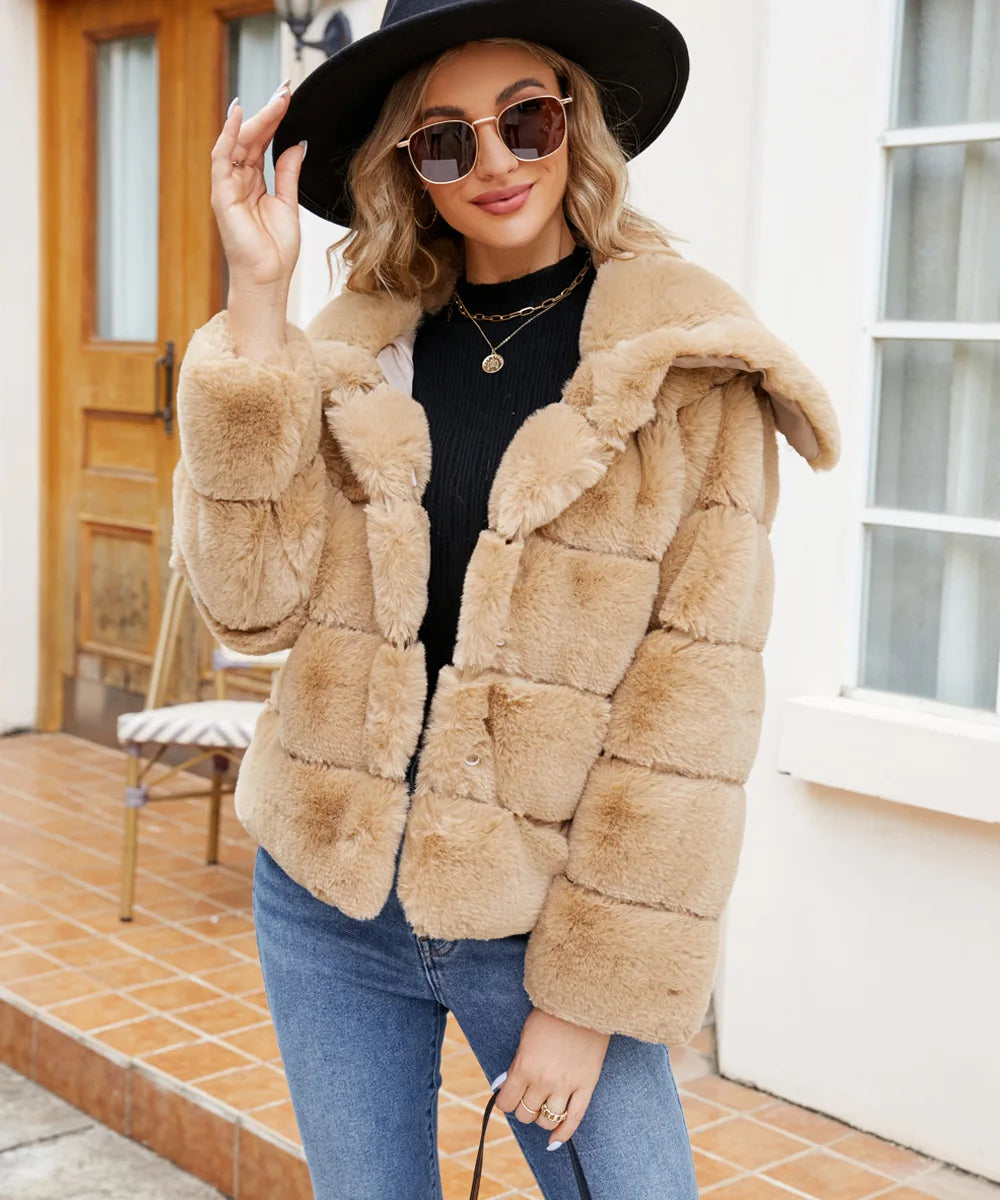 2026 Autumn Winter Turndown Collar Faux Fur Coat Women Casual Long Sleeve Fluffy Plush Jacket Khaki Thick Fake Fur Warm Cardigan