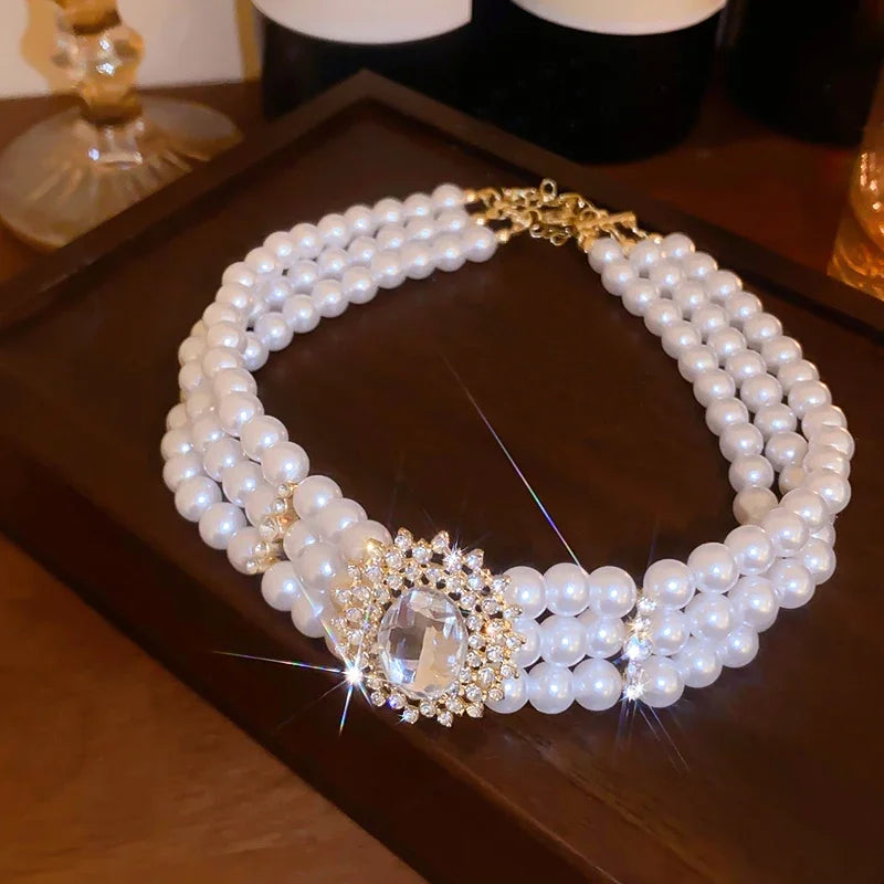Crystal Rhinestone Oval Multi Layered Beaded Pearl Chokers Necklaces for Women Charms Temperament Elegant Necklace Noble Jewelry