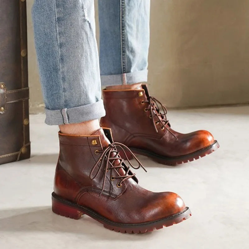 Fashion Men's Genuine Leather Motorcycle Boots British Brogue Shoes High-top Round Toe Mid-calf Chelsea Western Riding Boots