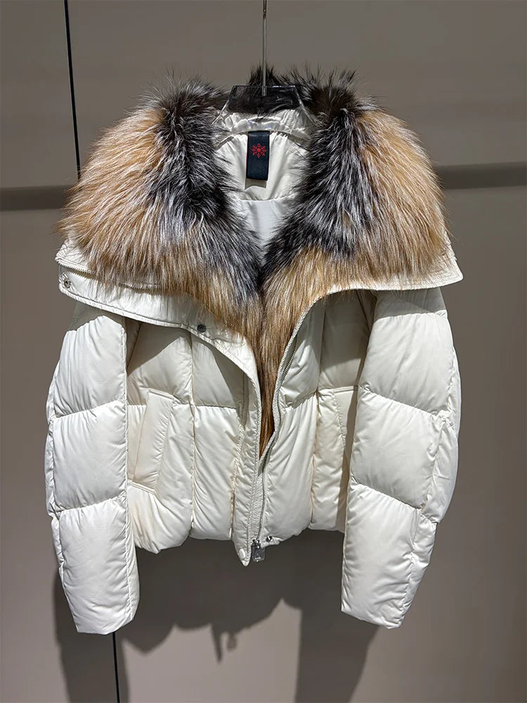 2026 New Winter Warm Women White Goose Down Jacket Real Large Fox Fur Collar Loose Short Puffer Coat Ladies Parka Outerwear