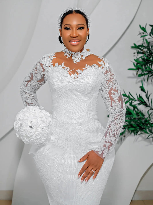 Mermaid Wedding Dresses Long Sleeve High Neck Bride Dress Lace Beading African Bridal Gown vestido de novia Customized
