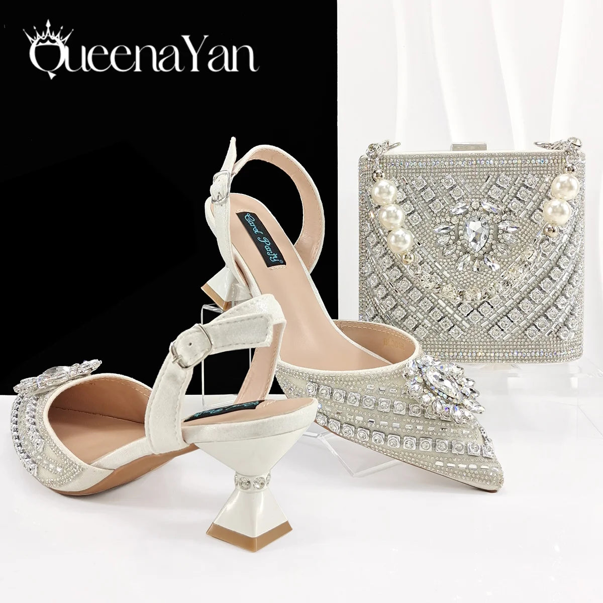Queena Yan 2025 Italian Style Pointed Toe Rhinestone High Heels and Gold Wedge Bag Set - Elegant Ladies Party Women Shoes Heel