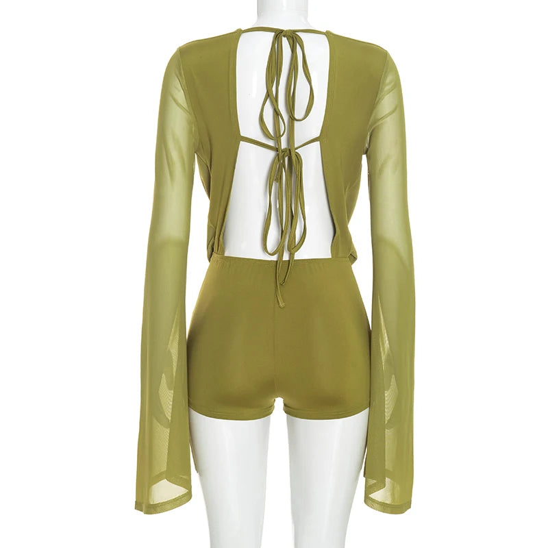 Chiffon Long Sleeve Sexy Slender Ladies Ruffle Neck Deep Back Bodysuit Three-Part Shorts