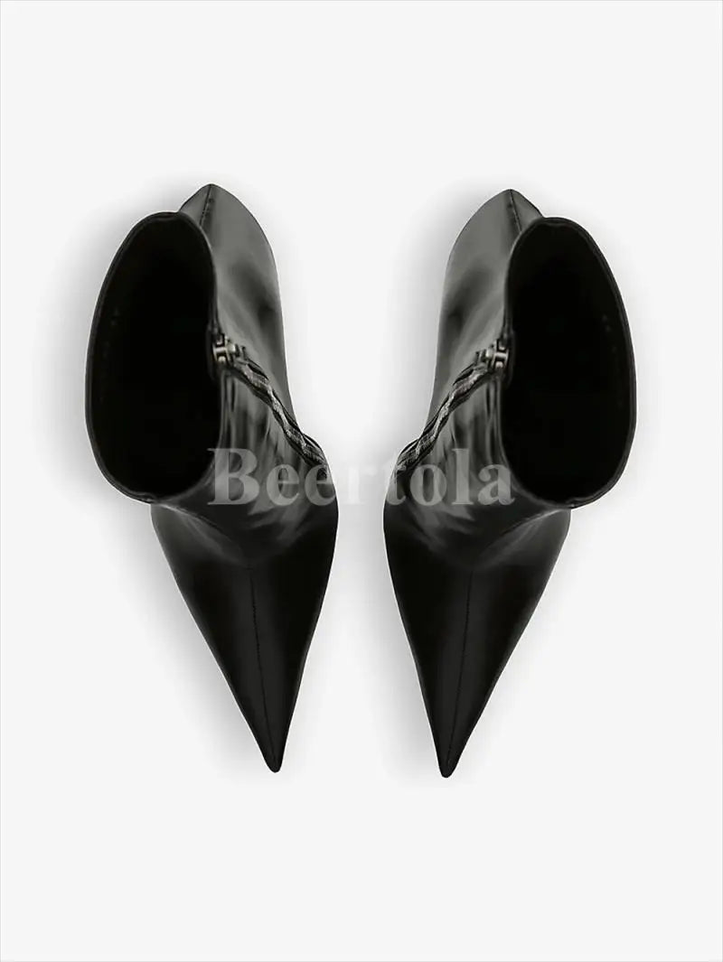 Black Leather Pointed Toe Ankle Boots Woman High Heels Stiletto Side Shaped Zipper Knee-High Boots Lady Sexy Boots