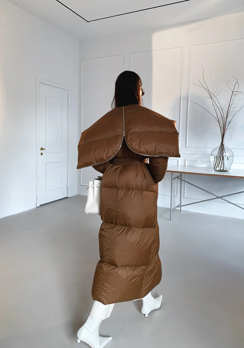High end Ultra long White goose down Jacket For women Winter 2025 New Fashion Down Coat Female Thicken Parka Overcoat with belt