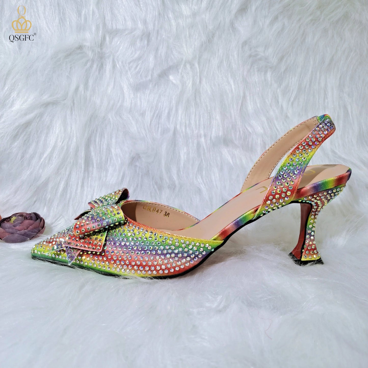 QSGFC Crystal Decoration Style Wine Glass Heel Shoes Friends Party Shoes Nigerian Fashion Peach Ladies Shoes And Bag For Party