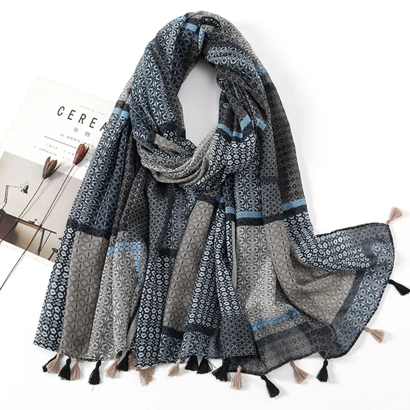 2025 Japanese Boho Linen Scarf: Vintage Floral Print Patchwork Shawl - Sun Protection Fringe Wrap Women