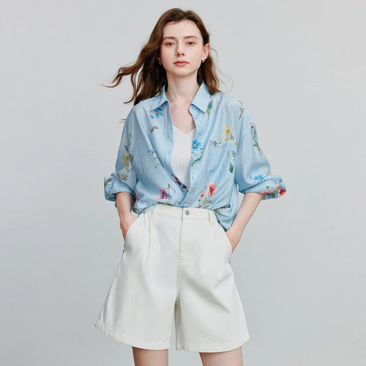 TOYOUTH Women Shirts 2026 Summer New Linen Lyocell Print Fresh Mid Length Floral Blouse Tops