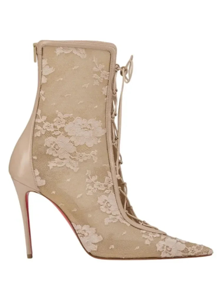 2026Spring and Summer Pointed Black Mesh Fine High Heels Knee Length Cool Boots Embroidered Lace Up Party Wedding Women's Boots