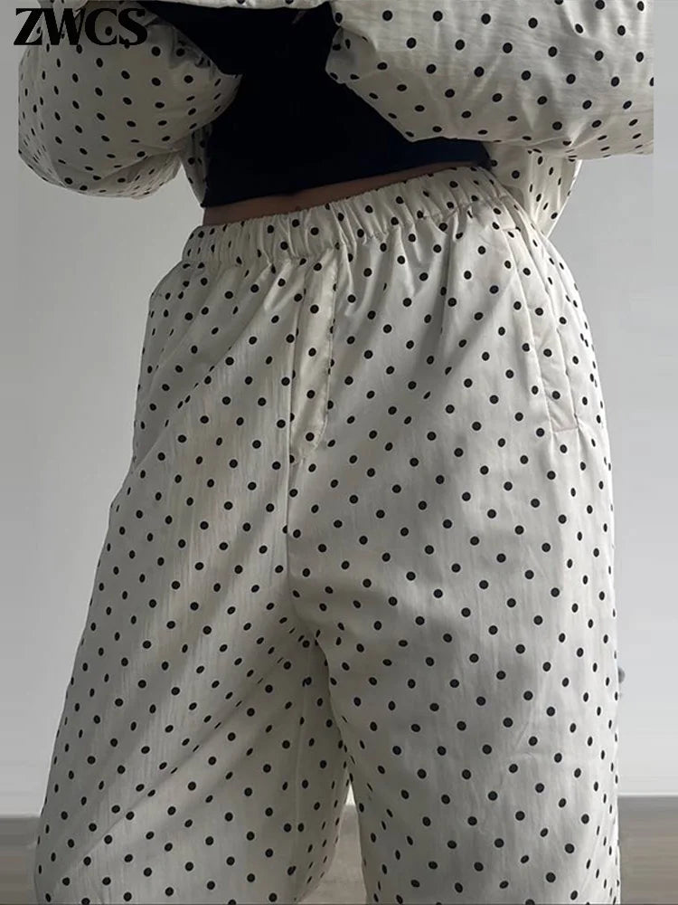 Polka Dots Hooded Cotton Coats Trousers Set 2026 Winter Loose Zippers Drawstring Jacket Elastic Waist Pants Women's Warm Outfits