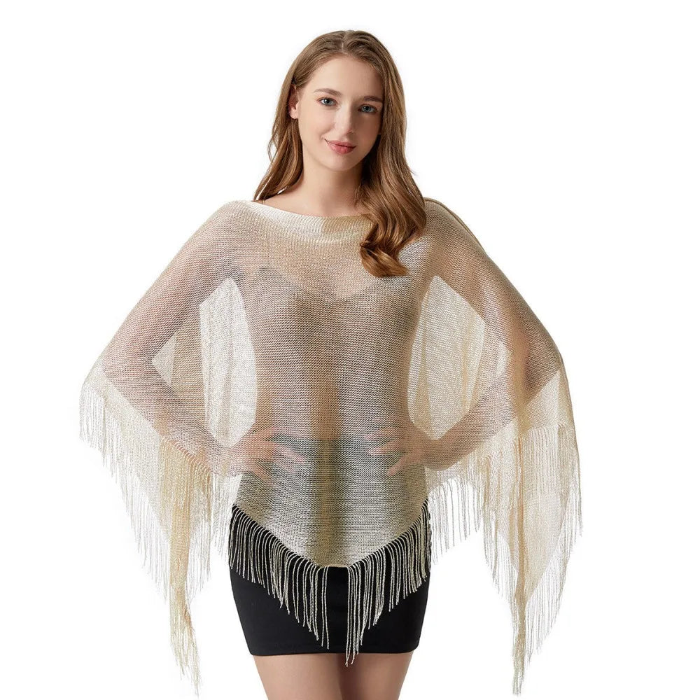 New Knit Tassel Knit Poncho Top Shimmer Asymmetrical with Tassel Beach Cover Up Casual Irregular Mesh Wrap Capelet Spring Summer