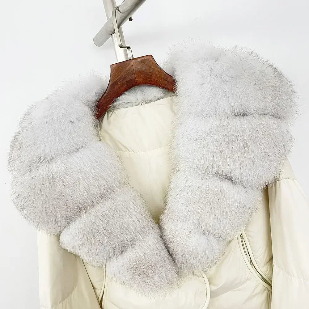 Winter Female White Duck Down Jacket Luxury Loose Short Fashion Casual Women Warm Real Fox Fur Coat Long Sleeve Puffer Jacket