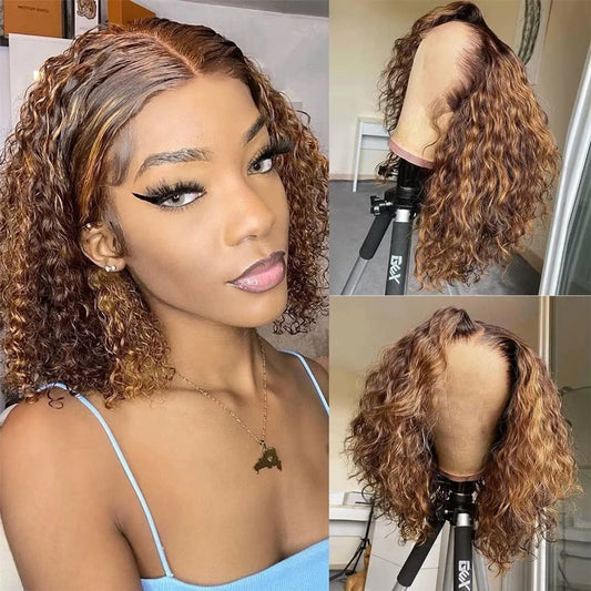 4/27 Highlight Short Bob Deep Water Wave 13x4 Lace Front Wigs 100% Human Hair Honey Blonde Ombre Colored Curly Lace Frontal Wig