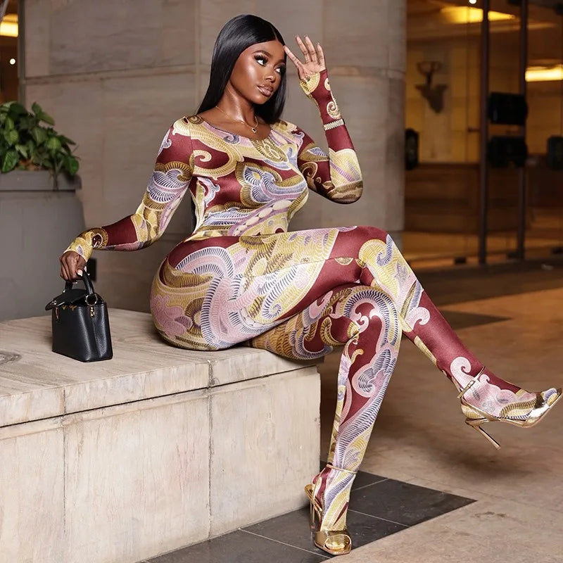 Women’s Paintings Print O-Neck Long Sleeve Zipper Jumpsuits