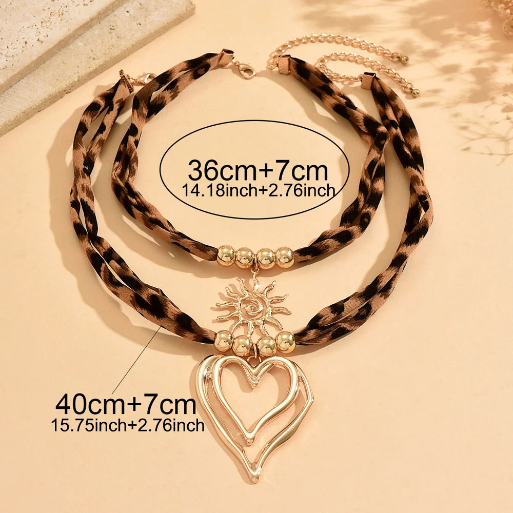 Leopard Print Layered Ribbon Choker Necklace Gold Y2K Heart Sun Pendant Adjustable Bohemian Jewelry for Women