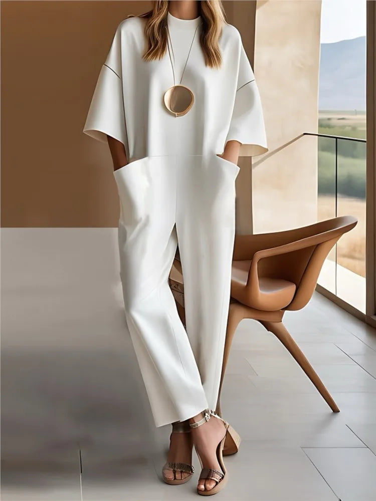 Women's Fashion Short-sleeved Jumpsuit Summer New Style Casual And Unique Loose Simple Pocket Solid Color Rompers Female 2025
