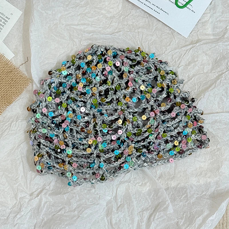Fashion Vintage Sequined Hollow Pullover Hats Women Spring Summer Travel Photo Atmosphere Versatile Y2K Knit Beanie Hat Girl