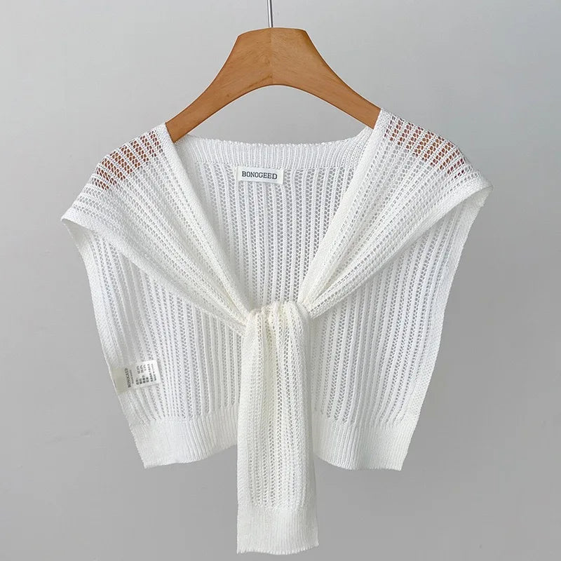 Lace Hollow Linen Knitted Shawl Summer Air Conditioning Fake Collar Neck Guard Knit Thin Knotted Cape Shoulder Scarf For Women